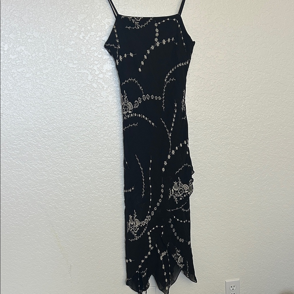 Vintage Asymmetrical Black Dress with White Patterns